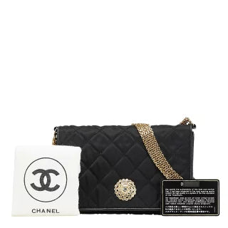 シャネル マトラッセ ラインストーン チェーン ショルダーバッグ ブラック サテン レザー レディース CHANEL 【中古】