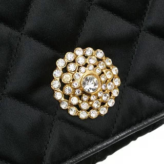 シャネル マトラッセ ラインストーン チェーン ショルダーバッグ ブラック サテン レザー レディース CHANEL 【中古】