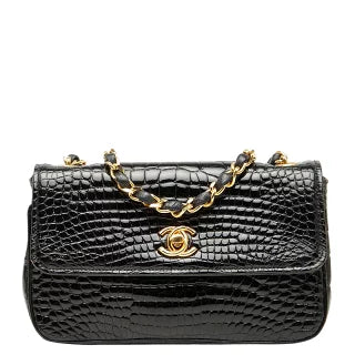 シャネル ココマーク クロコ型押し チェーン ショルダーバッグ ブラック パテントレザー レディース CHANEL 【中古】