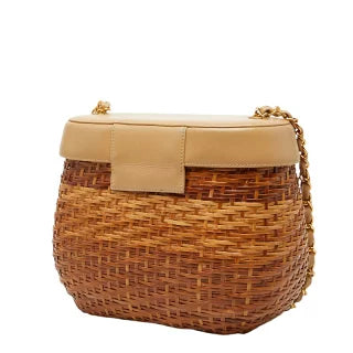 シャネル ココマーク チェーンショルダーバッグ かごバッグ ブラウン ベージュ ラタン レザー レディース CHANEL 【中古】