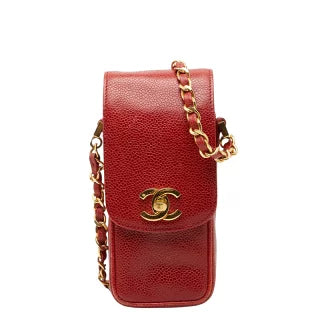 シャネル ココマーク チェーンショルダーバッグ ポーチ レッド キャビアスキン レディース CHANEL 【中古】