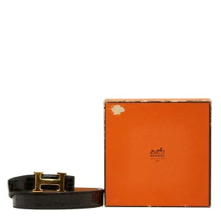 エルメス コンスタンス Hベルト ベルト ダークブラウン ゴールド アリゲーター メンズ HERMES 【中古】