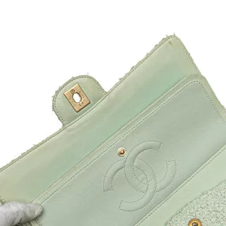 シャネル マトラッセ25 ココマーク Wフラップ チェーン ショルダーバッグ グリーン ミント ツイード レザー レディース CHANEL 【中古】