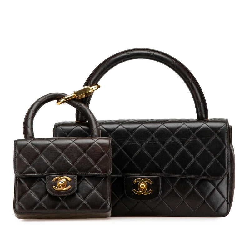 シャネル トップハンドル 親子バッグ ハンドバッグ ブラック ラムスキン レディース CHANEL 【中古】