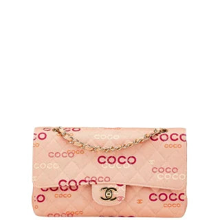 シャネル ココマーク COCOプリント ダブルフラップ チェーン ショルダーバッグ サーモンピンク マルチカラー キャンバス レディース CHANEL 【中古】