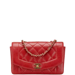 シャネル ダイアナ ココマーク チェーン ショルダーバッグ レッド キャビアスキン レディース CHANEL 【中古】