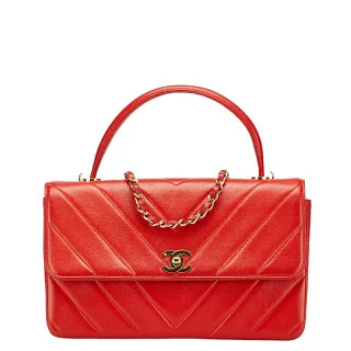 シャネル シェブロン V字ステッチ ココマーク ハンドバッグ ショルダーバッグ 2WAY レッド ラムスキン レディース CHANEL 【中古】