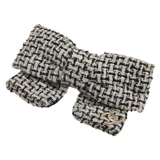 シャネル ココマーク リボン バレッタ ホワイト ブラック ツイード レディース CHANEL 【中古】