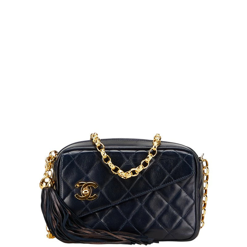 シャネル マトラッセ ココマーク フリンジ チェーン ショルダーバッグ ネイビー ラムスキン レディース CHANEL 【中古】