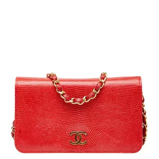 シャネル ココマーク プッシュロック チェーン ショルダーバッグ レッド リザード レディース CHANEL 【中古】