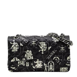 シャネル エアライン チェーンショルダーバッグ ブラック ホワイト サテン レザー レディース CHANEL 【中古】