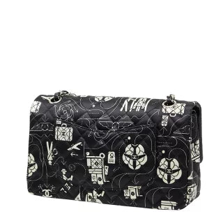 シャネル エアライン チェーンショルダーバッグ ブラック ホワイト サテン レザー レディース CHANEL 【中古】