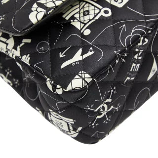 シャネル エアライン チェーンショルダーバッグ ブラック ホワイト サテン レザー レディース CHANEL 【中古】