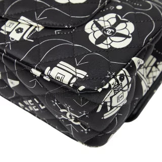 シャネル エアライン チェーンショルダーバッグ ブラック ホワイト サテン レザー レディース CHANEL 【中古】