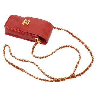 シャネル ココマーク チェーンショルダーバッグ ポーチ レッド キャビアスキン レディース CHANEL 【中古】