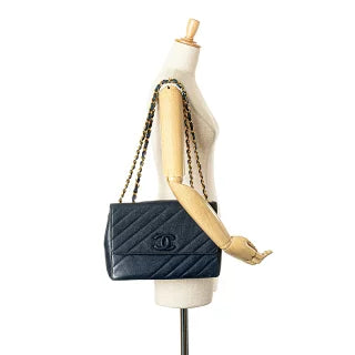 シャネル ココマーク バイアスステッチ チェーン ショルダーバッグ ネイビー ゴールド金具 キャビアスキン レディース CHANEL 【中古】