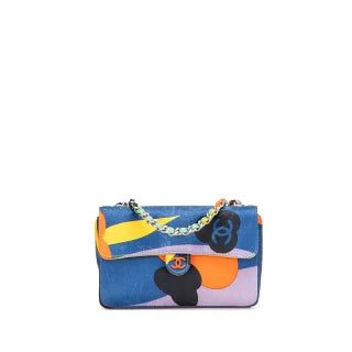 シャネル ココマーク プリント ミニ チェーン ショルダーバッグ ブルー マルチカラー サテン レディース CHANEL 【中古】