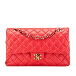 シャネル ココマーク マトラッセ25 ダブルフラップ チェーンショルダーバッグ レッド キャビアスキン レディース CHANEL 【中古】